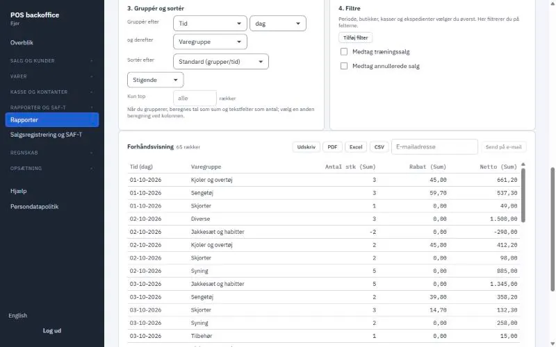 Backoffice: egen rapport med netto pr. varegruppe pr. dag