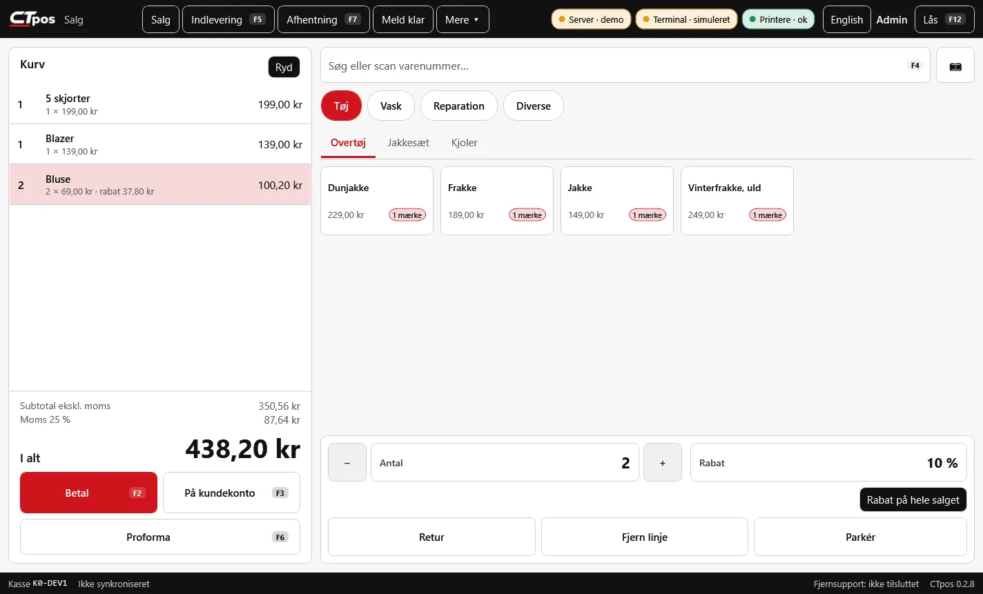 CTpos-kassen med kurv, varegrupper og hurtigknapper