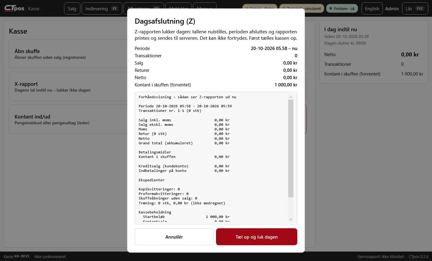 Dagsafslutning (Z) på kassen med forhåndsvisning af Z-rapporten