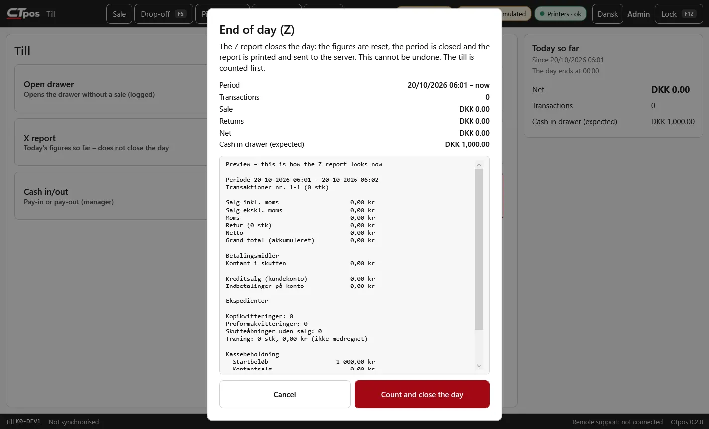 End of day (Z) on the till with a preview of the Z report